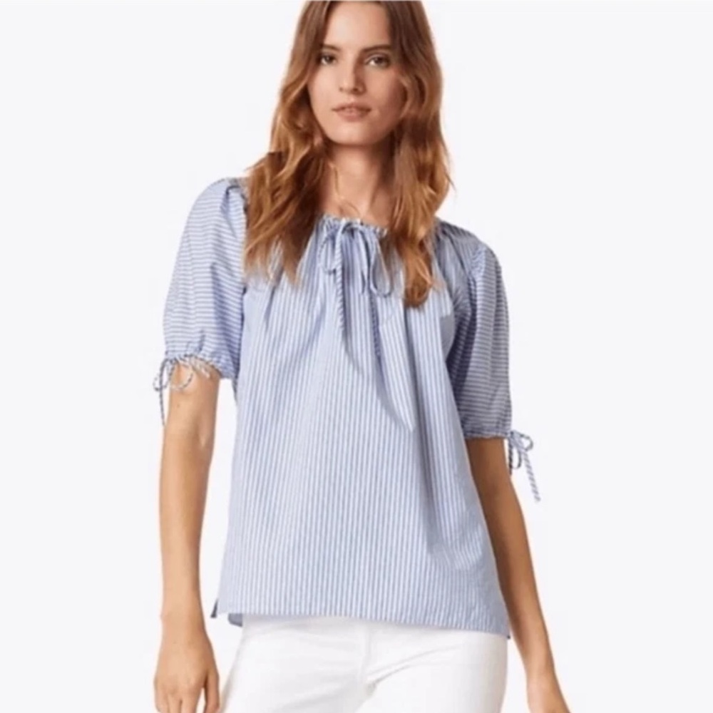 TORY BURCH Striped Ariana Drawstring Cotton Blouse Top SZ Med Coastal Chic